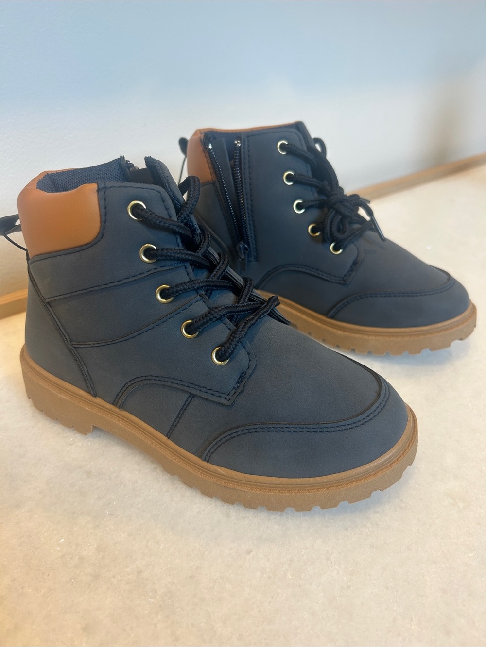 Kids Navy and Tan Lace-Up Ankle Boots